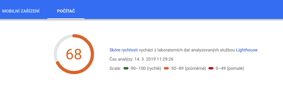 Hodnocení v nástroji Google Page Speed Insights